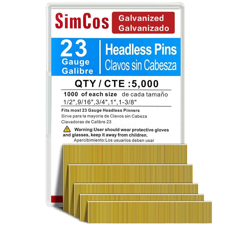 SimCos 23 Gauge Pinner Nails 1/2"~1-3/8" Headless Pin Nails for 23 GA Pneumatic or Electric Pinner or pin Gun (1/2"+9/16"+3/4"+1"+1-3/8" -5000pcs) - Image 1